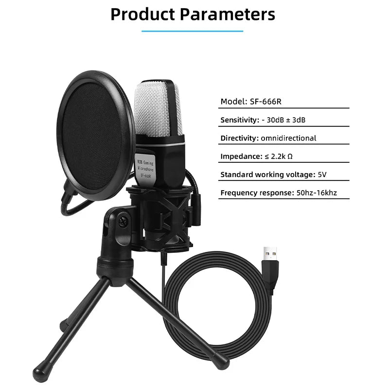 Black razer sf666r usb microphone with silver mesh grille and pop filter on tripod stand for podcast recording studio streaming laptop desktop