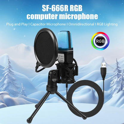 Black tripod-mounted sf666r usb microphone with blue mesh grille and usb cable for podcast recording studio and streaming laptop desktop