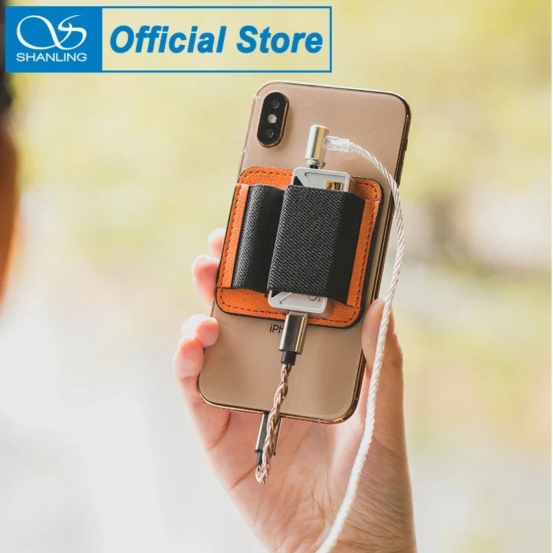 Orange and black leather shanling usb dongles dac amp pouch with braided cord and magnetic elastic bands for ios android phones
