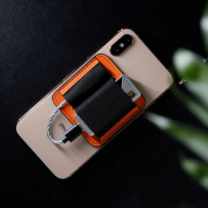 Orange leather shanling usb dongles dac amp pouch with black fabric insert and magnetic elastic bands for ua series
