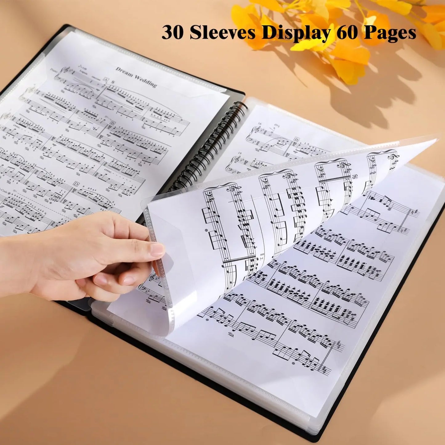 Black spiral-bound sheet music binder with clear plastic sleeves for size a4 music and effective music storage folder use