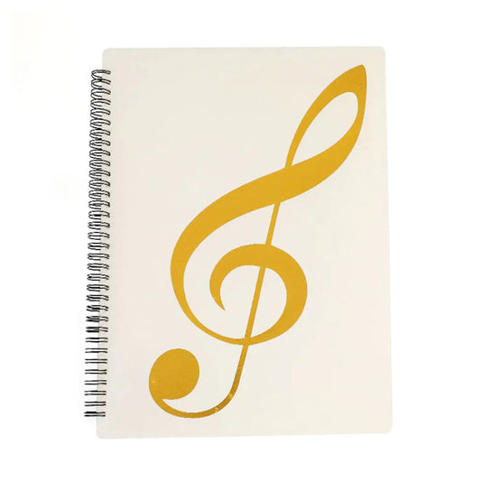 Cream-colored spiral-bound sheet music folder with gold treble clef design for choral storage holder use