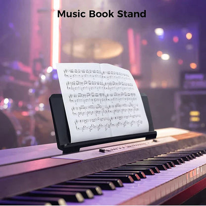 Black portable music stand holding open sheet music on keyboard for casio roland yamaha p35 p45 p48 p105 p115 p121
