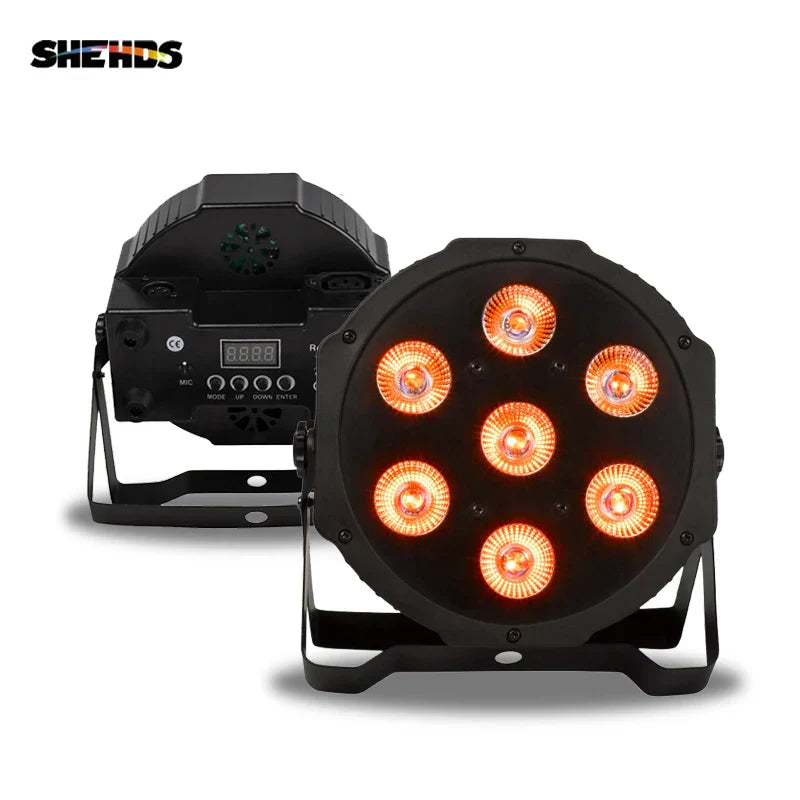 Black shehds 1pcs led 7x12w par light with seven glowing orange bulbs and rear control panel for dj and party use