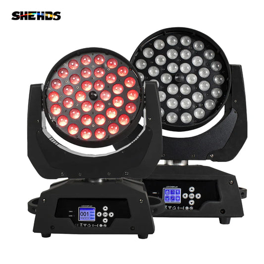 Black shehds 2pcs 36x18w led wash zoom moving head lights with red white led arrays and digital control panels for concerts