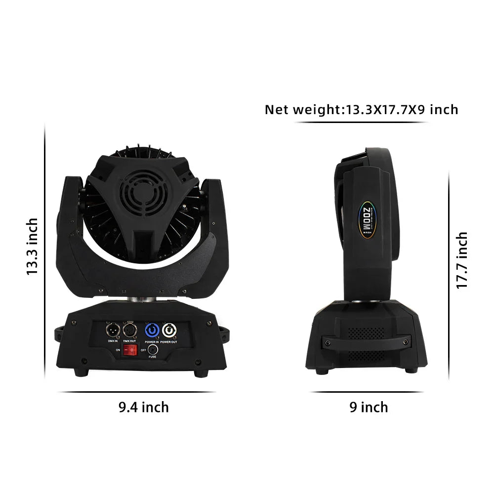 Black zoom brand 36x18w led wash zoom moving head spotlight with circular fan grille and control ports on base back side