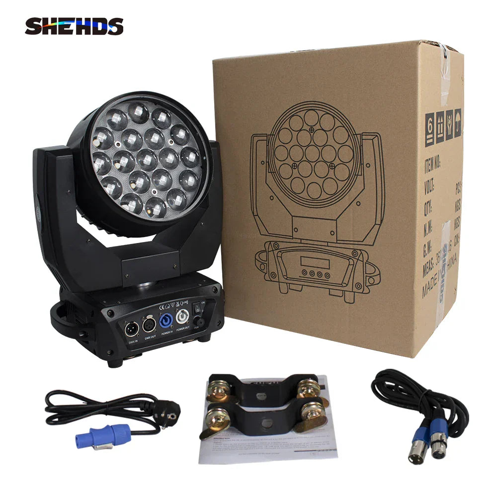 Black shehds led zoom 19x15w moving head spotlight with 18 rgbw beam wash leds arranged in a circular pattern for concerts