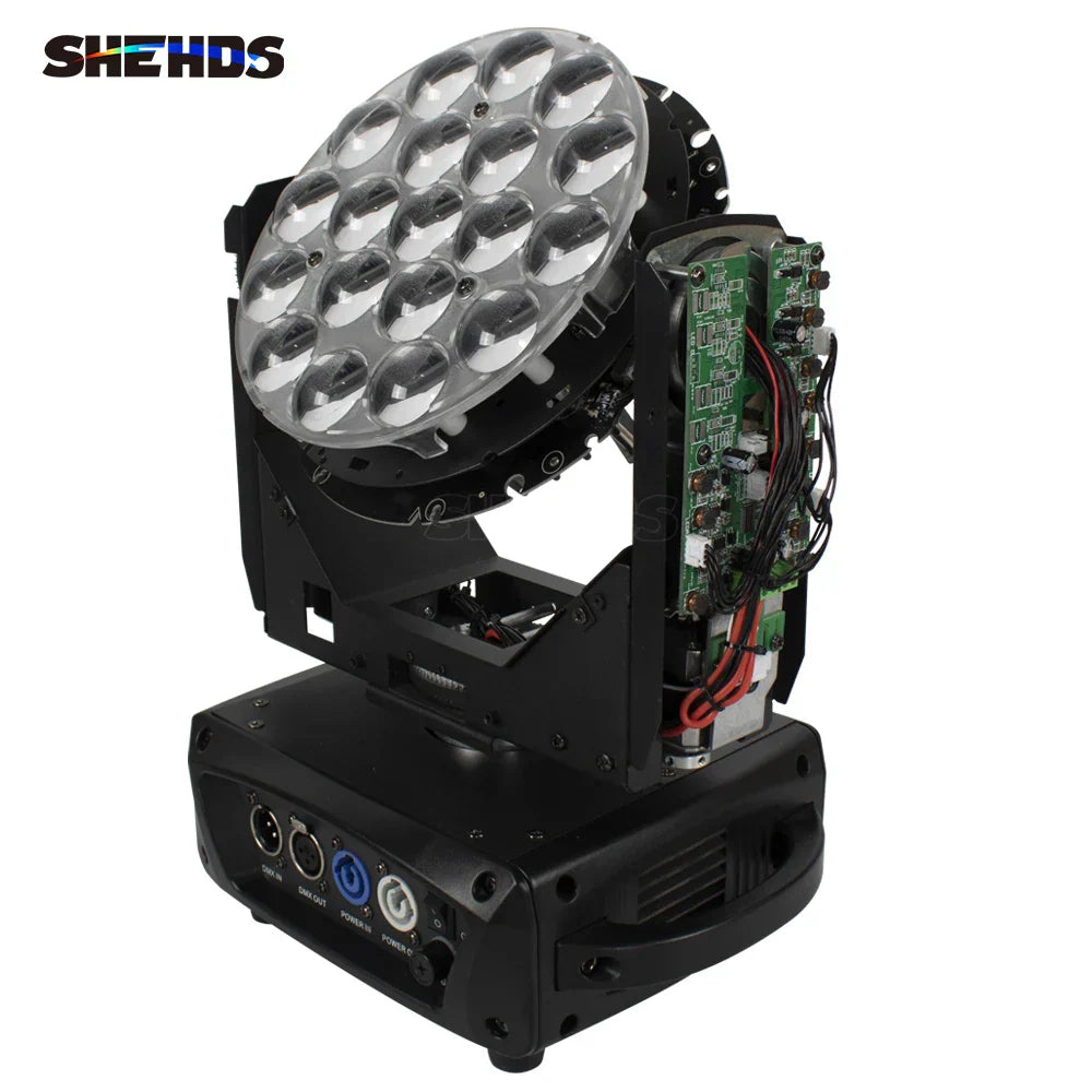 Black shehds professional stage lighting led zoom 19x15w with 16 led bulbs and visible internal circuitry for concerts