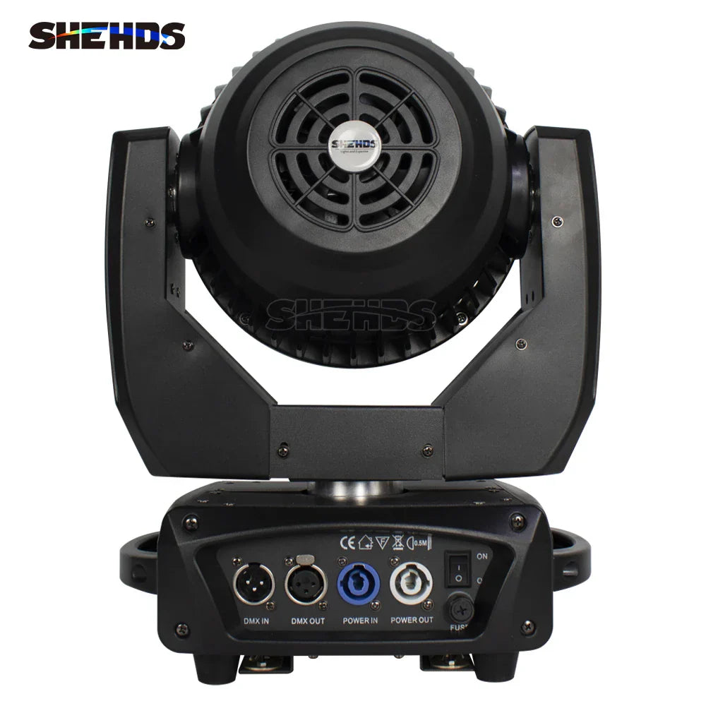 Black shehds brand led zoom 19x15w moving head stage light with circular fan grille and multiple connectivity ports at base