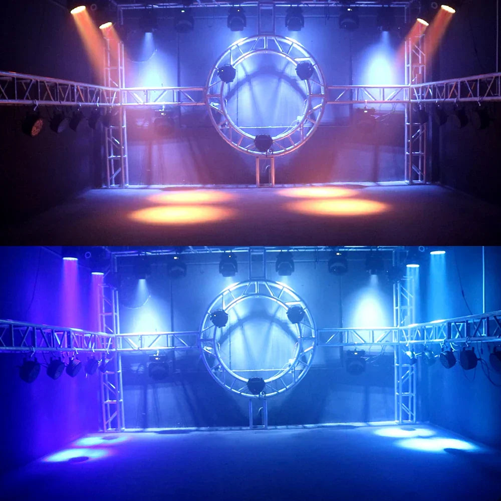 The circular metal truss frame with integrated spotlights features led zoom 19x15w rgbw beam wash lighting in blue and orange