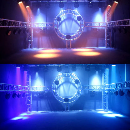 The circular metal truss frame with integrated spotlights features led zoom 19x15w rgbw beam wash lighting in blue and orange
