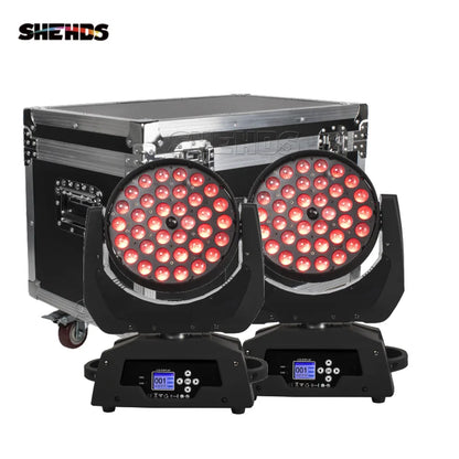 Two black shehds 36x18w led wash zoom moving head spotlights with red illuminated arrays for disco music dance use
