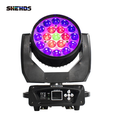 Black shehds led zoom 19x15w rgbw moving head spotlight with 18 color-changing bulbs for concerts and parties