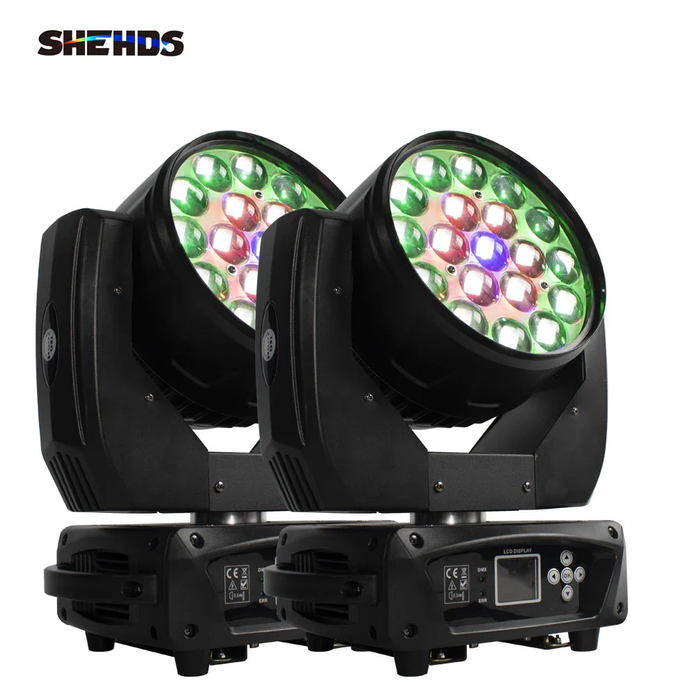 Black led zoom 19x15w rgbw moving head light with colorful circular bulbs and control panels for concerts and parties
