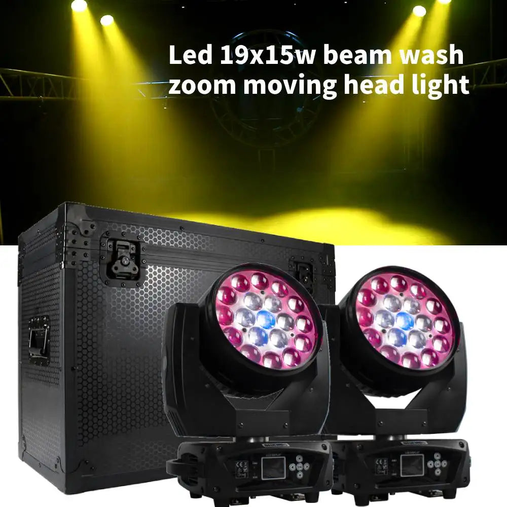 Two black shehds led zoom 19x15w rgbw moving head lights with red blue and white led arrays for dj and concert use