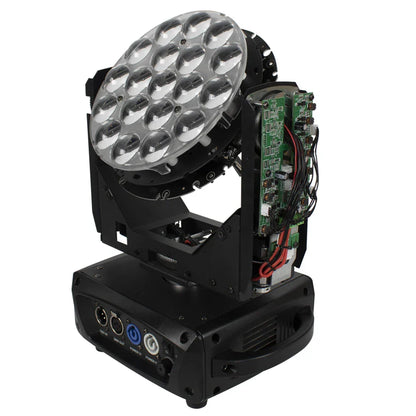 Black professional led zoom 19x15w rgbw moving head light with 16 lenses and visible circuitry for concerts and events