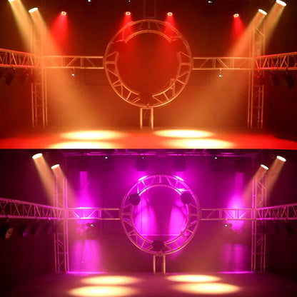 A circular metal stage rig with a geometric lattice design illuminated by red and purple spotlights for led zoom 19x15w rgbw moving head effects