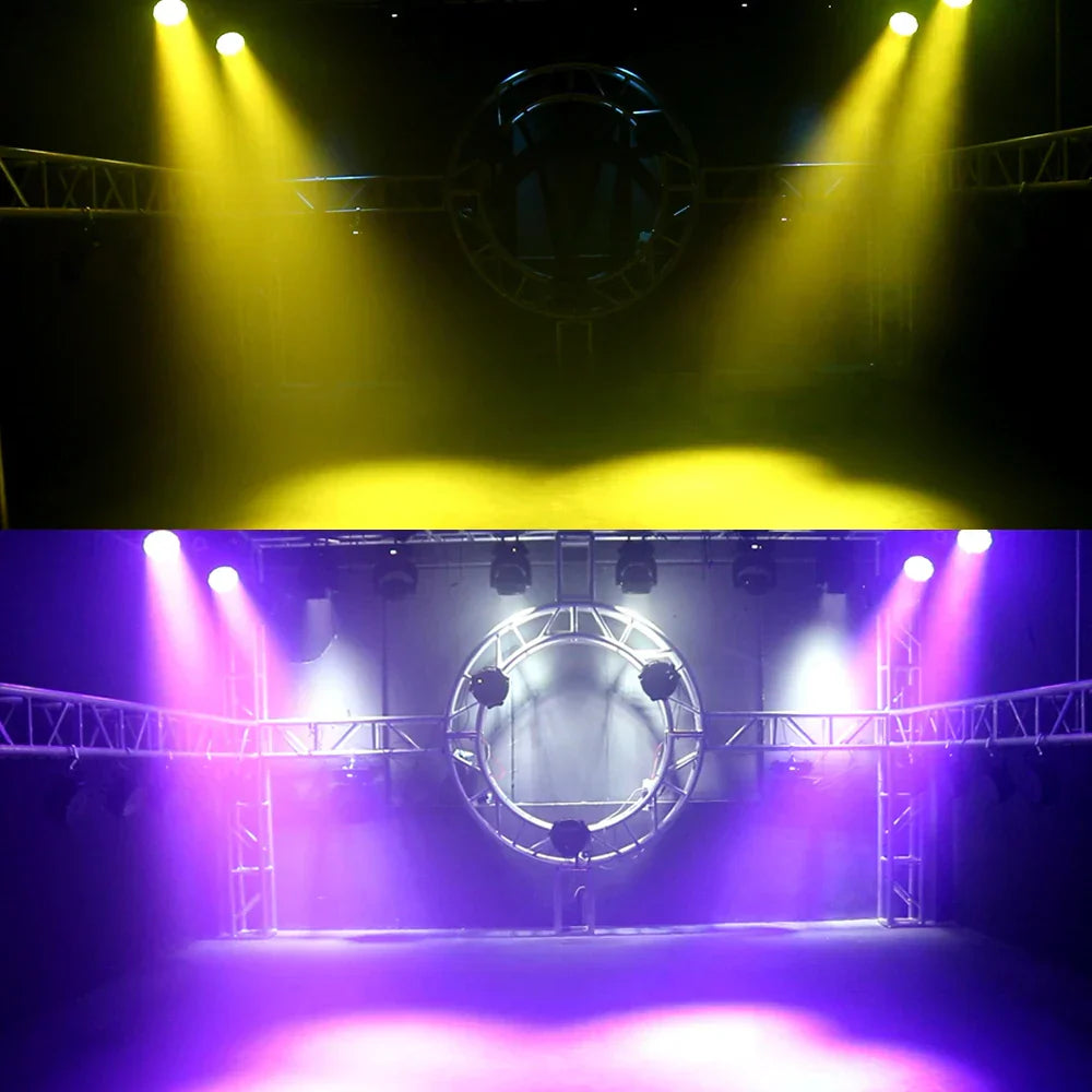 A circular metal stage rig illuminated by vibrant yellow and purple spotlights with led zoom 19x15w rgbw moving head lights