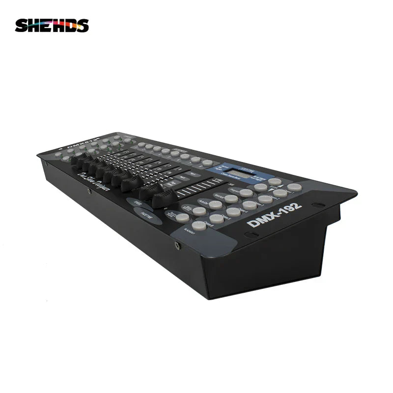 Black shehds dmx-192 controller dj equipment with gray knobs for console stage lighting and moving head spotlights control