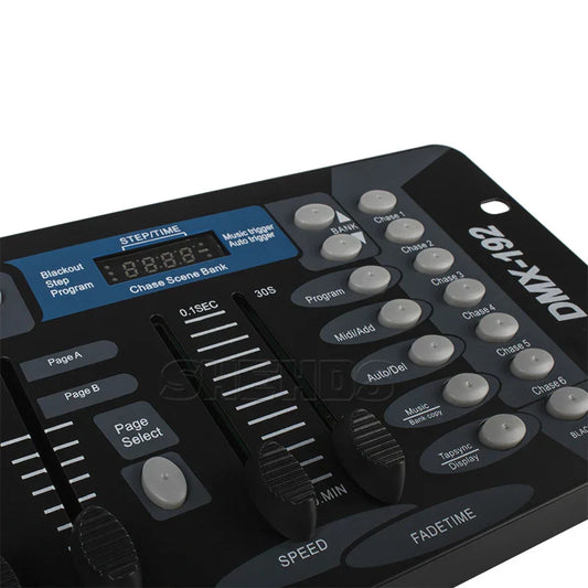 Black dmx-192 controller dj equipment with gray buttons and digital display for console stage lighting and moving head spotlights