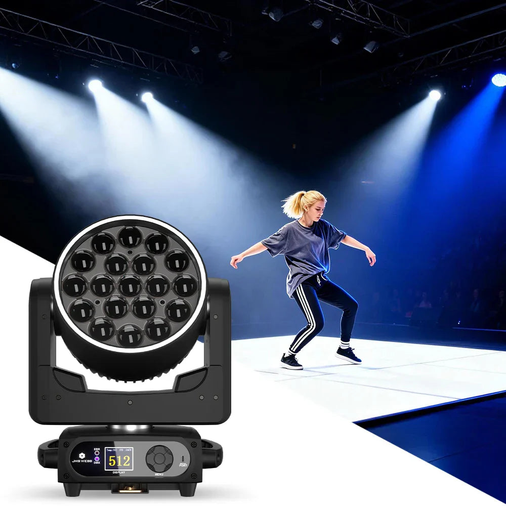 Black circular led stage light with 16 emitters and digital display panel for shehds 19x15w rgbw 4in1 ring wash beam disco wedding music