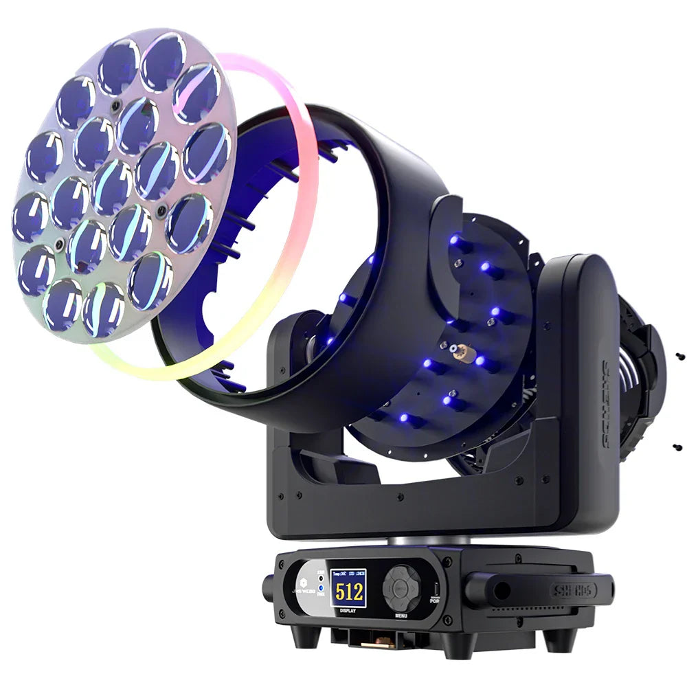 Black professional 19x15w rgbw 4in1 moving head stage light with 16 led bulbs and ring wash beam for disco wedding music