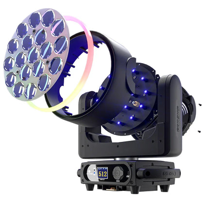 Black professional 19x15w rgbw 4in1 moving head stage light with 16 led bulbs and ring wash beam for disco wedding music