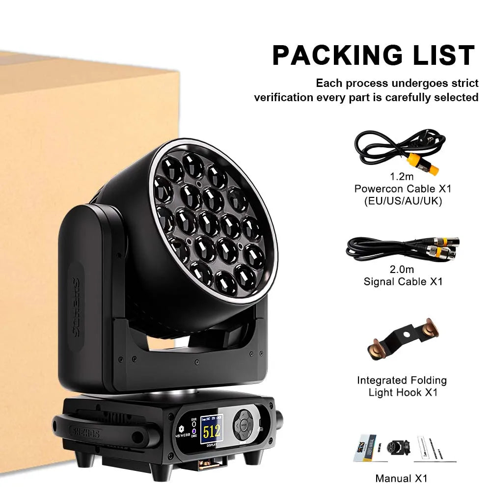 Black led moving head spotlight with 18 circular emitters and digital control panel for 19x15w rgbw 4in1 ring wash beam disco wedding music