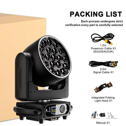 Black led moving head spotlight with 18 circular emitters and digital control panel for 19x15w rgbw 4in1 ring wash beam disco wedding music