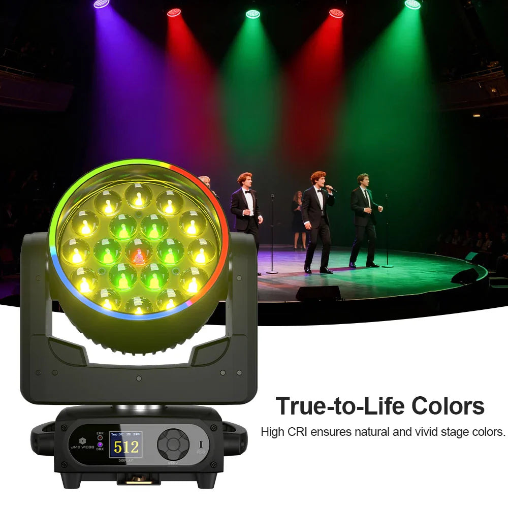 A sleek black shehds new 19x15w rgbw 4in1 moving head led stage light with ring wash beam for disco wedding music use