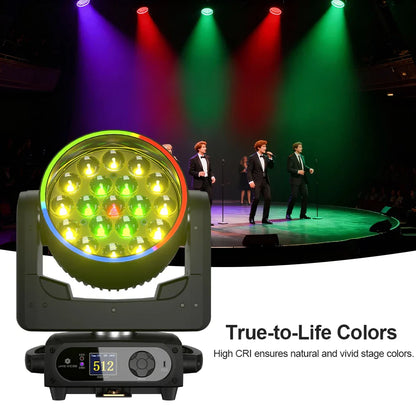 A sleek black shehds new 19x15w rgbw 4in1 moving head led stage light with ring wash beam for disco wedding music use