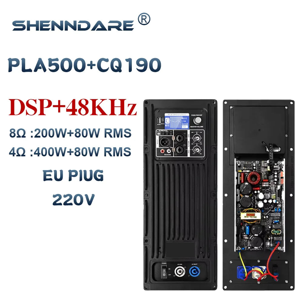 Black rectangular shenndare pla750+cq190 active speaker amplifier with dsp 48khz display knobs and exposed circuit board