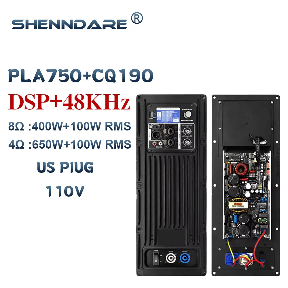 Black shenndare pla750+cq190 active speaker amplifier with dsp 48khz front controls and exposed rear circuit board for 2-channel dj subwoofer power amplifier