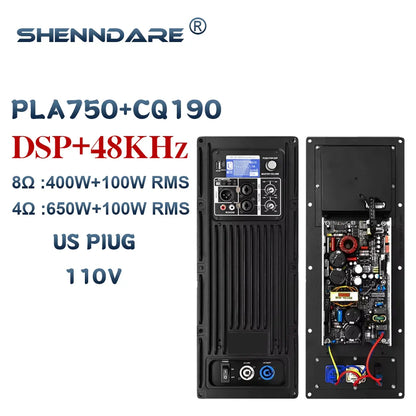 Black shenndare pla750+cq190 active speaker amplifier with dsp 48khz front controls and exposed rear circuit board for 2-channel dj subwoofer power amplifier
