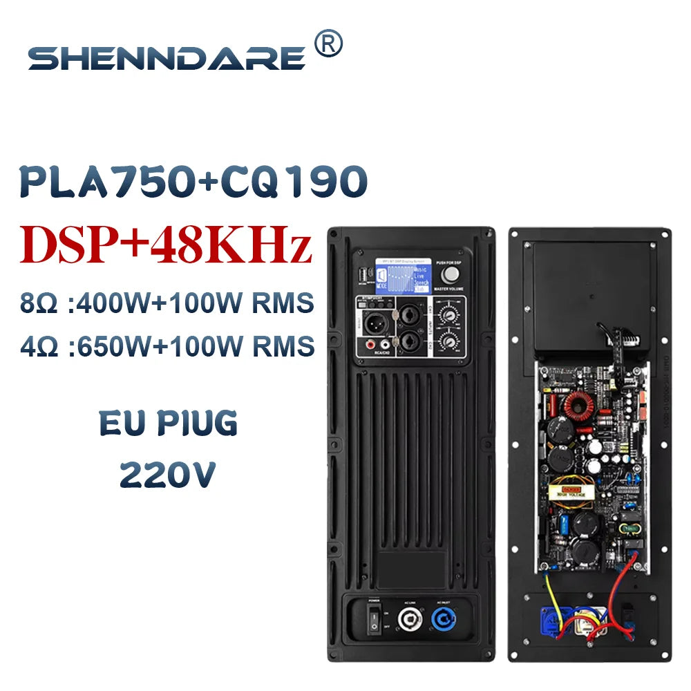 Black shennDare PLA750+CQ190 active speaker amplifier with dsp 48kHz front controls and exposed rear subwoofer power amplifier