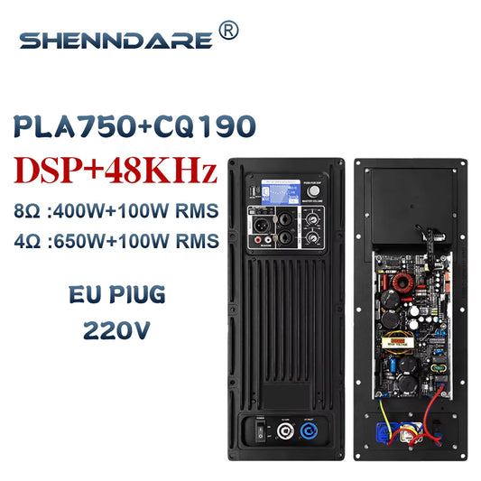 Black shennDare PLA750+CQ190 active speaker amplifier with dsp 48kHz front controls and exposed rear subwoofer power amplifier