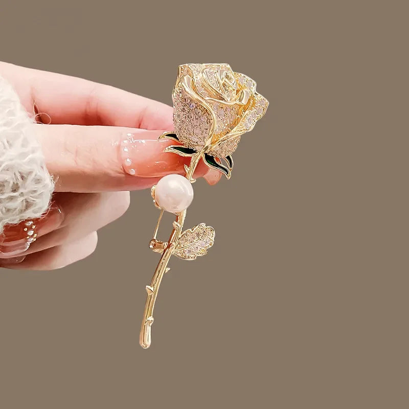 Delicate gold-toned Shinny crystal violin pearl brooch with sparkling crystals and pearl accent for clothing decoration