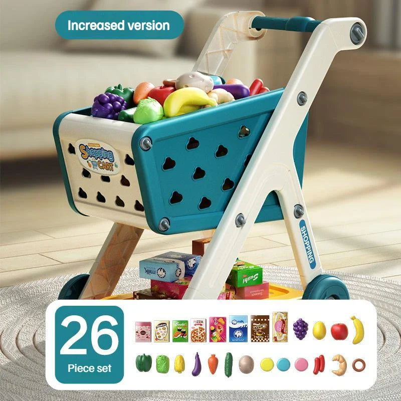 Blue and white plastic shopping cart toy with heart cutouts filled with colorful fruit for baby small trolley music kitchen supermarket play