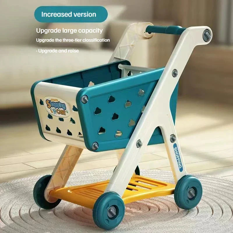 Teal and white plastic shopping cart toy with yellow base and heart cutouts for baby small trolley music kitchen supermarket play