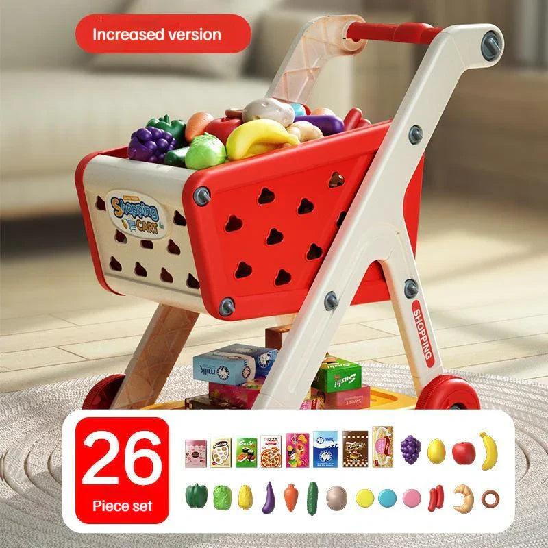 Red and white plastic shopping cart toy with heart cutouts and 26 colorful food pieces for baby small trolley play