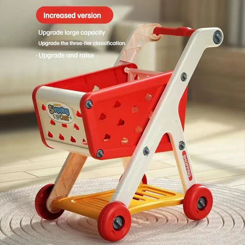 Red and white plastic shopping cart toy with yellow base and heart cutouts for baby small trolley music kitchen supermarket play