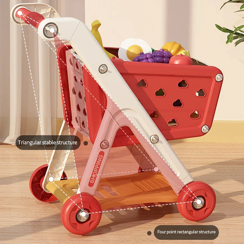 Red and white plastic shopping cart toy baby small trolley with heart-shaped cutouts for music kitchen supermarket play