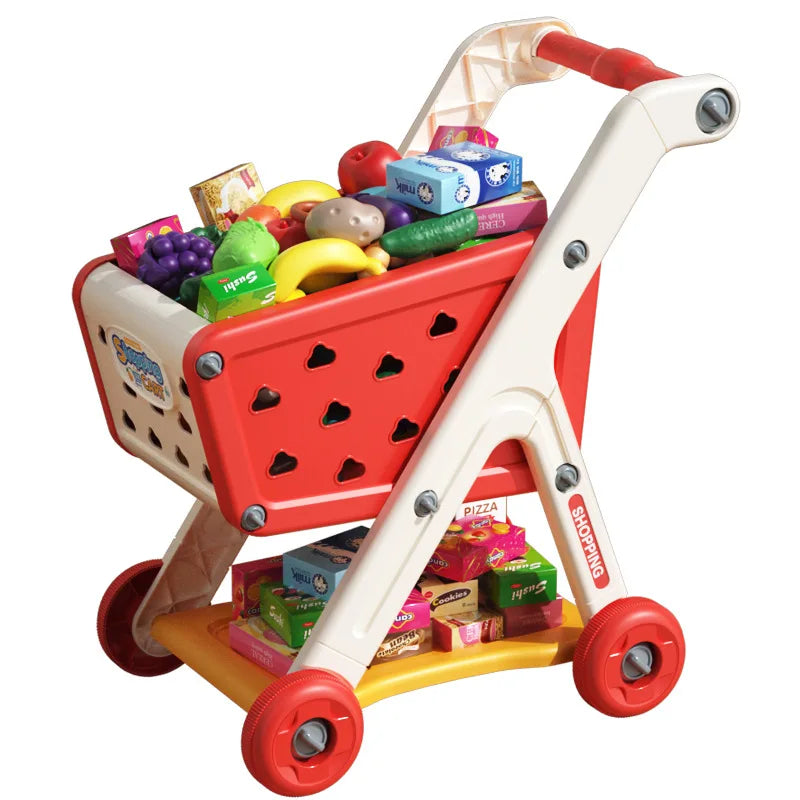 Red and white plastic shopping cart toy baby small trolley with heart cutouts filled with colorful pretend food for music kitchen supermarket play