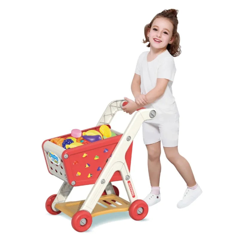 Red and white plastic shopping cart toy with red wheels and colorful pretend groceries for baby small trolley play and music kitchen supermarket use