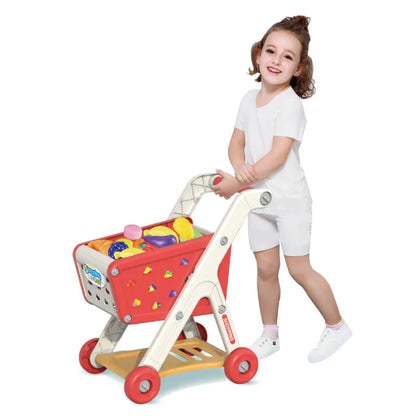Red and white plastic shopping cart toy with red wheels and colorful pretend groceries for baby small trolley play and music kitchen supermarket use
