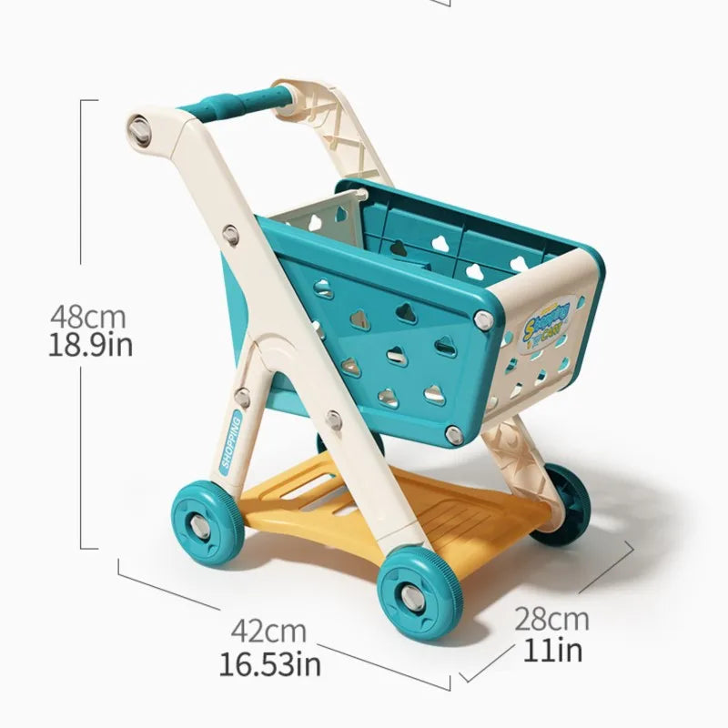 A turquoise and cream plastic shopping cart toy with perforated basket, yellow footplate, and teal wheels for baby small trolley and music kitchen supermarket play
