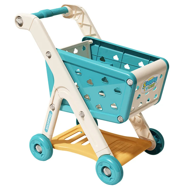 Turquoise and cream plastic shopping cart toy with heart cutouts and teal wheels for baby small trolley music kitchen supermarket play