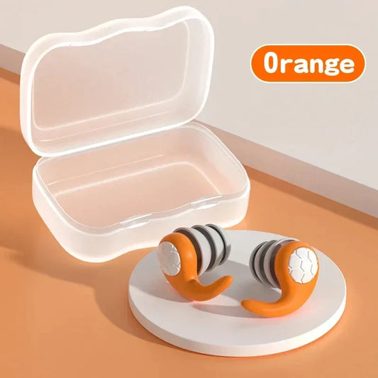 Orange silicone noise cancelling earplugs with black and white stripes in clear case for filter sleep swimming waterproof three layer use