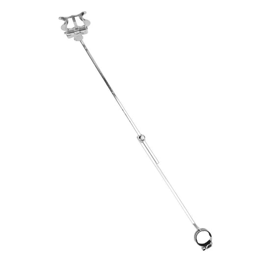 Silver-colored metal flute music clip with adjustable length and clamping ends for stable cup holder expander