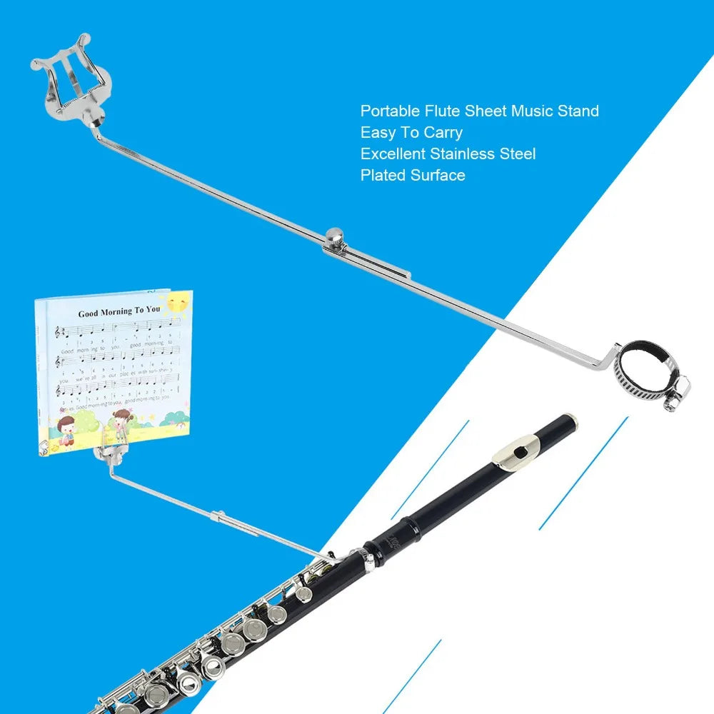 Portable silver flute music clip stable stand with plated stainless steel finish and adjustable cup holder expander for wind instruments